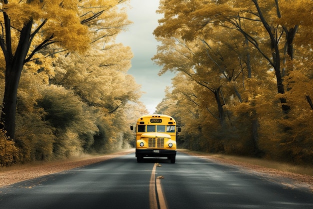 a yellow bus of school on a road