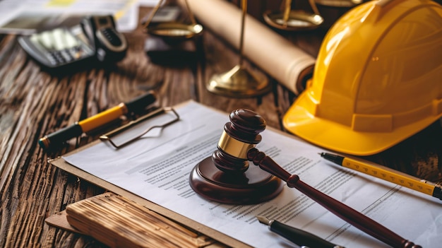 Photo a yellow hard hat sits on a desk next to a judges gavel