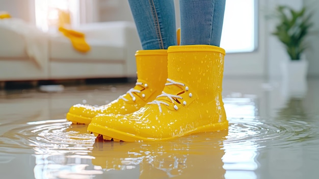 Photo yellow rain boots standing in floodwater