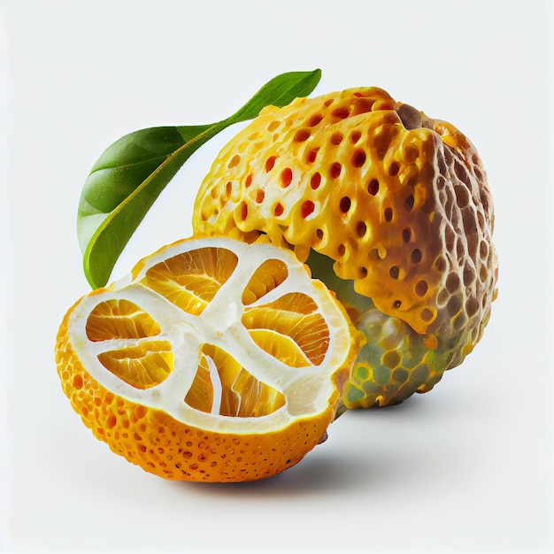 Yellow ugli fruit with a green leaf on white background