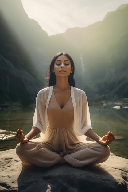 Yoga in the mountains Young beautiful woman meditating in the mountains