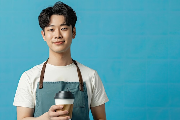 Photo young asian male barista wear apron holding and presenting cup of coffee isolated blue background