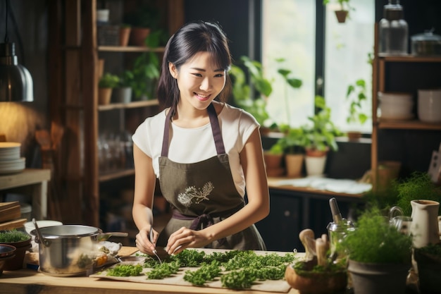 Foto giovane donna asiatica che prepara gioiosamente erbe e verdure fresche in una cucina luminosa