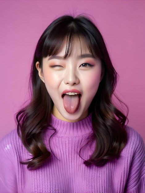 Photo young asian woman showing tongue and winking