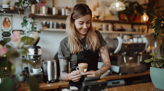 Young beautiful smiling tattooed barista woman holding a cup of coffee