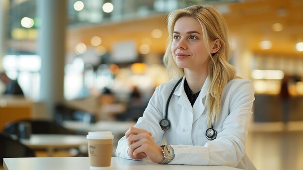 A young blonde nurse in a white coat with a stethoscope drinks coffee in a hospital canteen