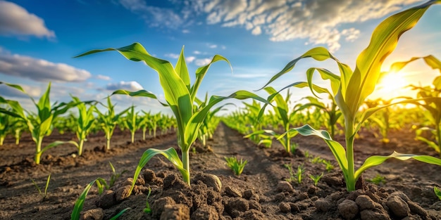 Young Corn Plants Growing in a Field at Sunset A closeup view of young corn plants growing in a f