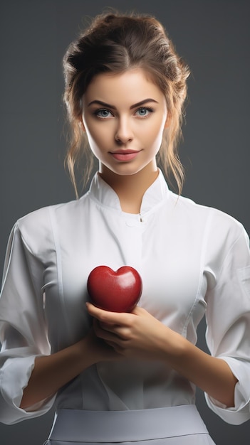 Young female chef in a clean white backdrop with a red heart holding in hand for Valentines Day Generative AI