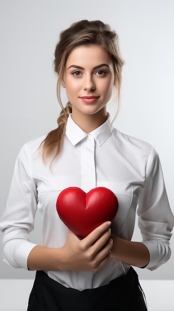 Young female chef in a clean white backdrop with a red heart holding in hand for Valentines Day Generative AI