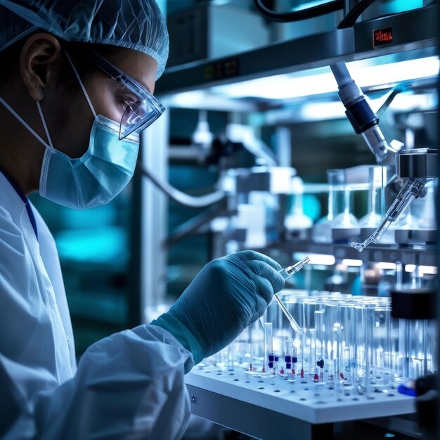 Photo young female scientist in protective glasses looking at test tube young female scientist in pro