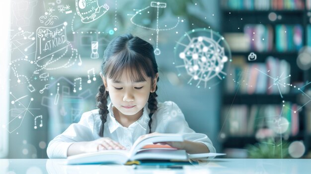 Photo young girl reading a book in a library with drawings of ideas and knowledge above her head