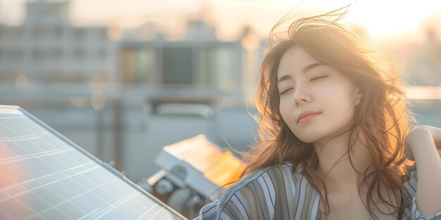 Photo a young japanese woman rests on a rooftop next to a solar station concept outdoor photoshoot asian woman rooftop solar power station resting