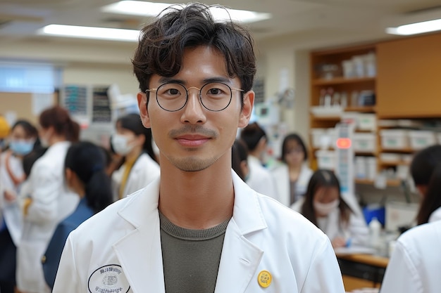 Photo young male doctor in a busy hospital setting