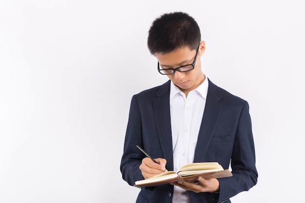 Young man standing with folder isolated on white background