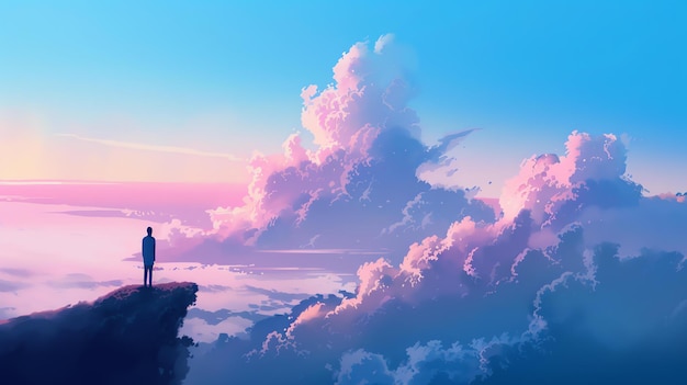 Photo a young man stands on a cliff looking out at a vast sea of clouds the sky is a deep blue and the clouds are a light pink