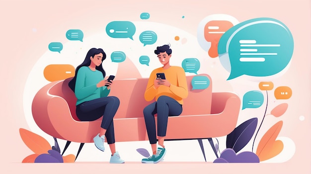 A young man and woman are sitting on a couch each looking at their smartphones and sending messages to each other