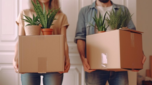 Young married couple moving into rental apartment with boxes comfortable room with houseplants moving into new house after restoration Generative AI