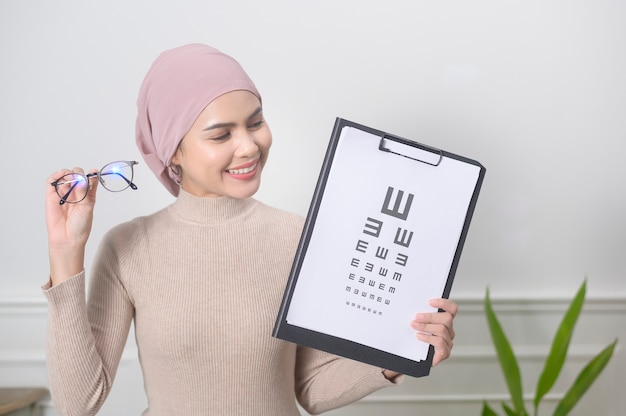 A young muslim woman holding a vision chart test for measuring visual acuity