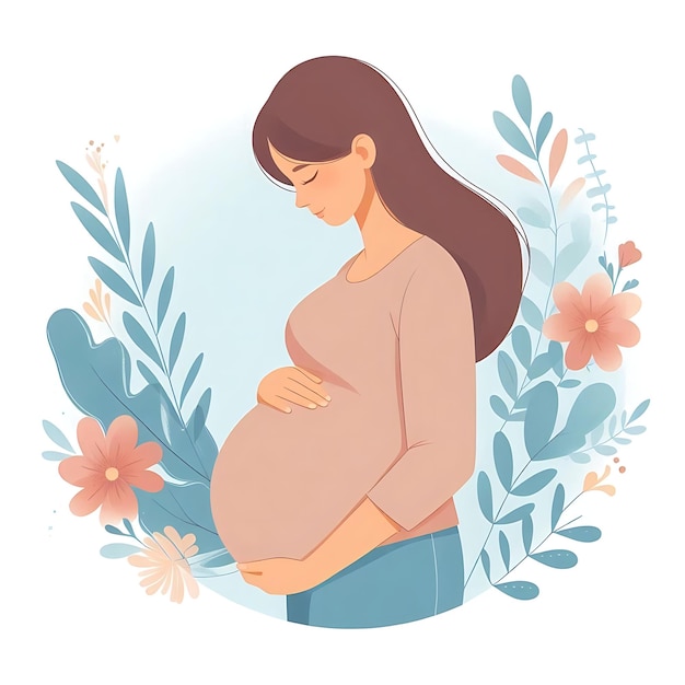 Photo young pregnant woman flat style illustration white background isolated pastel colors leaves on