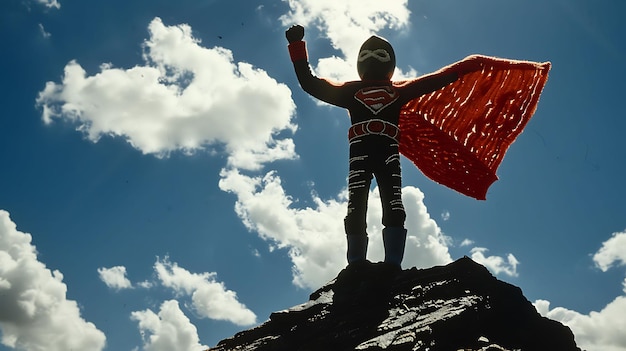 Photo a young superhero stands triumphantly on a rocky outcrop his cape billowing in the wind