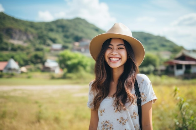 A Young tourist happily takes photos travel smile adult