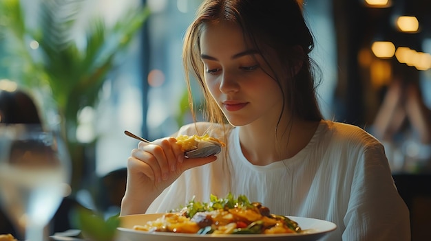 Photo young woman eating food at cafe generative ai