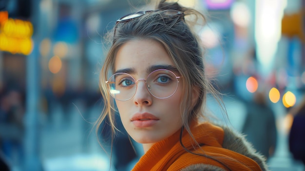 a young woman in glasses on busy city street