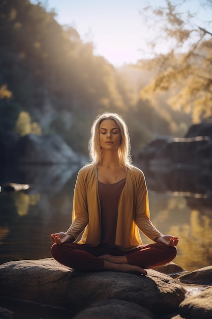 Young woman practicing yoga on the river bank at sunset Beautiful girl meditating on the rocks