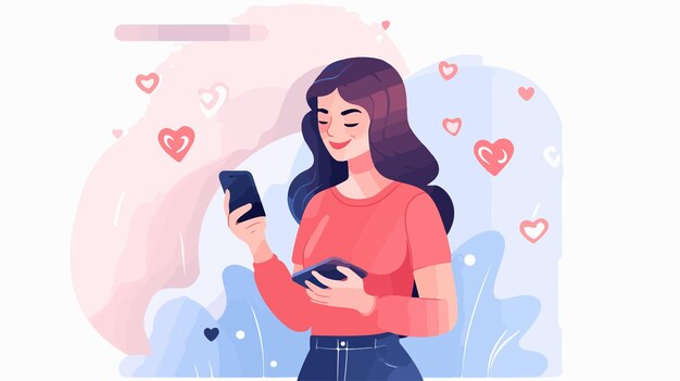 Photo young woman receiving like notification on phone cartoon illustration