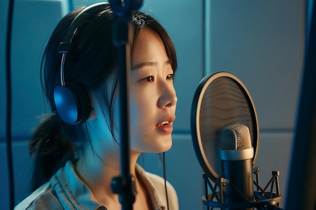 Photo young woman singing into a microphone in a recording studio