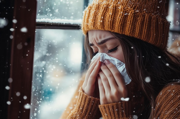 Photo young woman in warm knitted clothing sneezing and blowing her nose in handkerchief winter snow cold