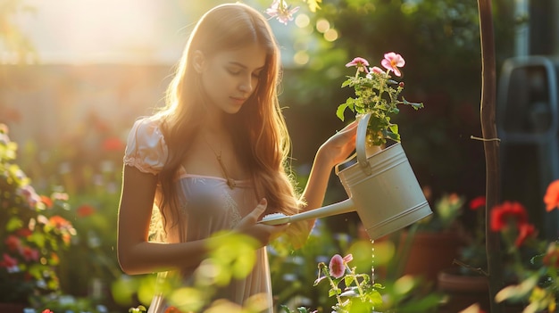 Young Woman Watering Flowers in Courtyard