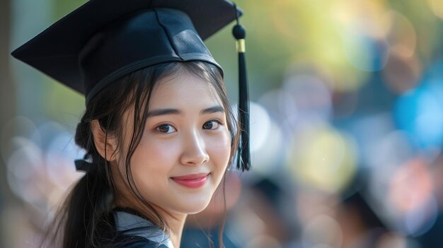 Photo a young woman wearing a graduation cap and gown