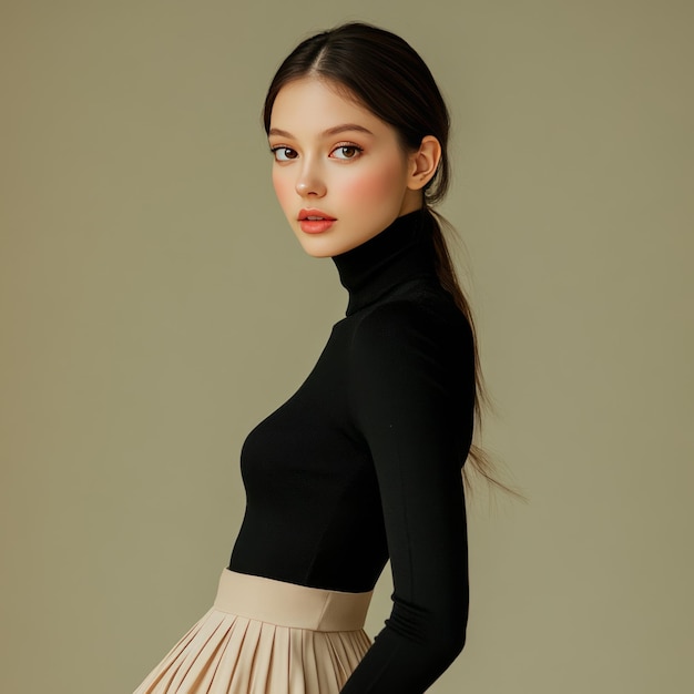 Photo a young woman with dark hair and light skin stands in front of a green background wearing a black turtleneck and beige skirt