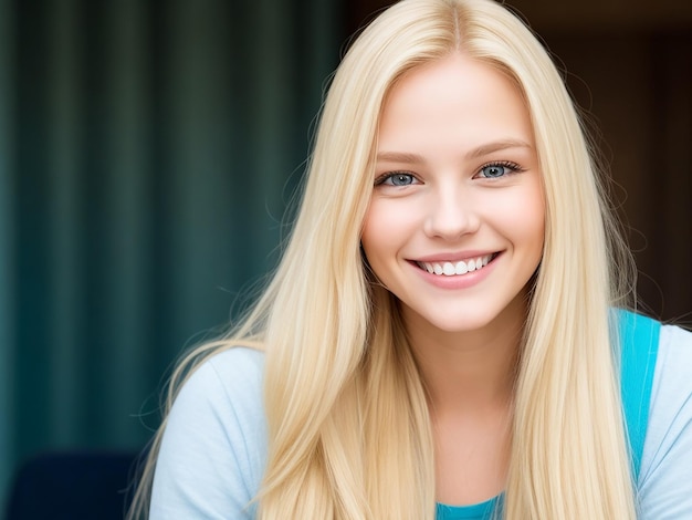 Young woman with long blond hair smiling looking at camera