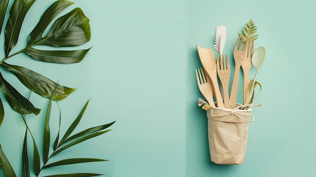 Photo the zero waste concept ecofriendly objects such as wooden cutlery a paper cup and leaves neatly arranged in a tote bag set against a soothing pastel background