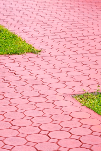 Photo zigzag pattern of red octagonal stone brick blocks pavement floor with grass at public park