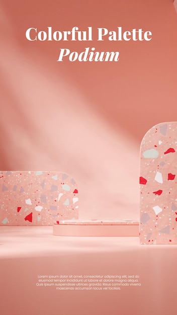 PSD 3d-beeld geeft lege mockup terrazzo curve podium in portret roze kleur muur