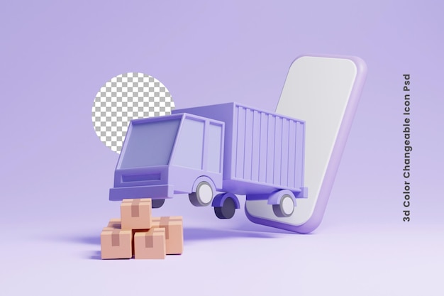 3d cardboard box truck out of smartphone or 3d cardboard box delivery on truck