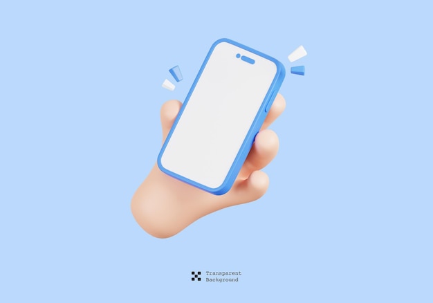 PSD 3d cartoon hand holding mobile smartphone with empty screens mock up