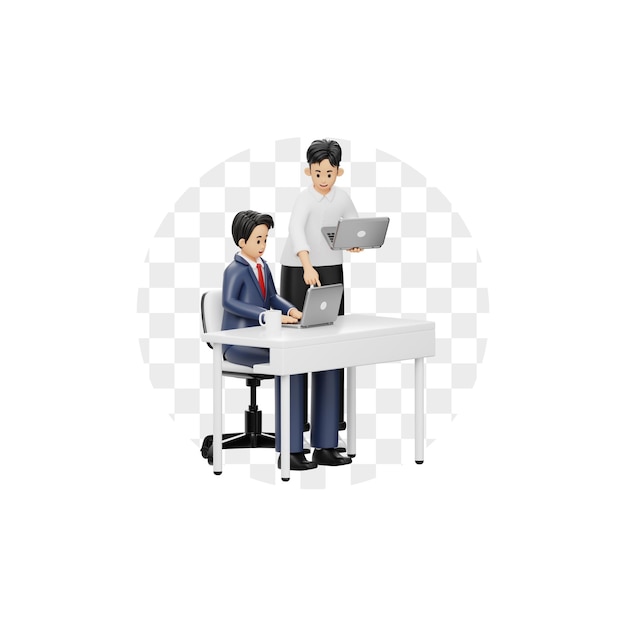 PSD 3d character two people working together working on laptop