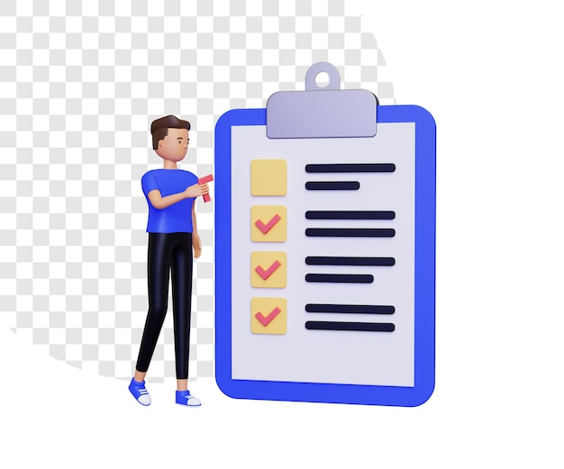 PSD 3d checklist illustration with male character holding check mark