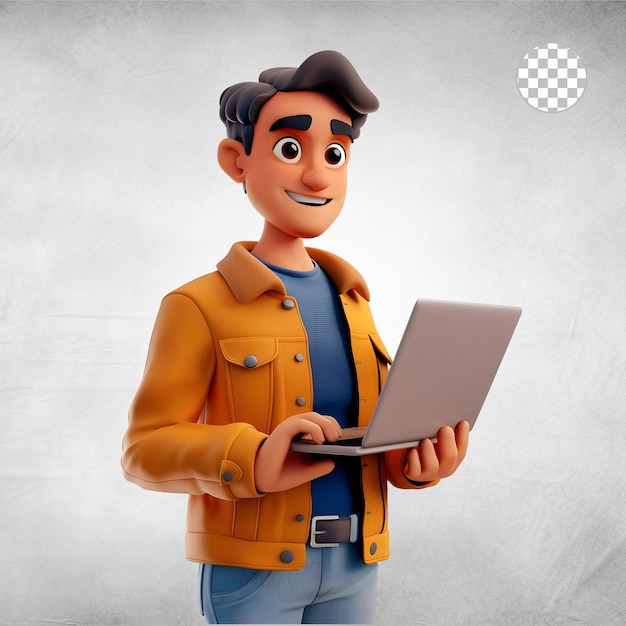 3d Cute cartoon young man using laptop Isolated on transparent background