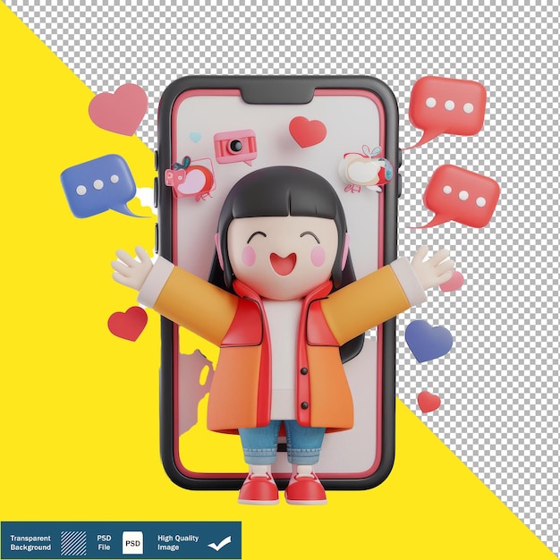 3D Cute Influencer Engaging Followers on Phone Transparent Background PNG PSD