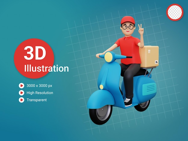 3d Deliveryman on scooter going to deliver parcel