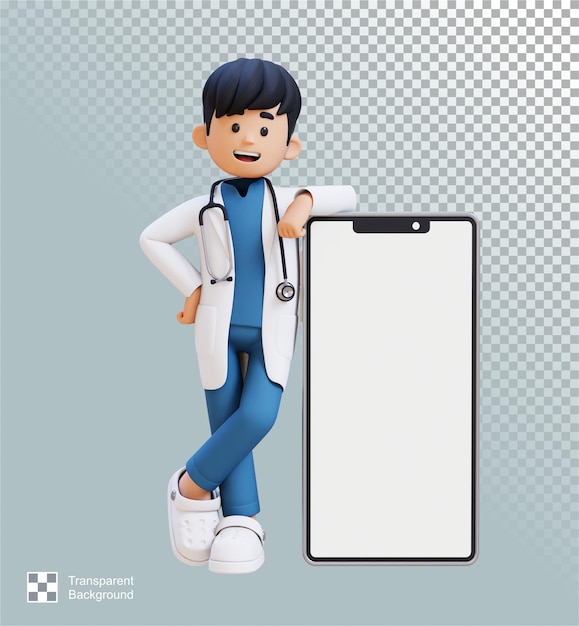 PSD 3d doctor character lying on large empty phone screen suitable for medical content