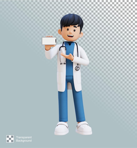 PSD 3d doctor character presenting on empty phone screen suitable for medical content