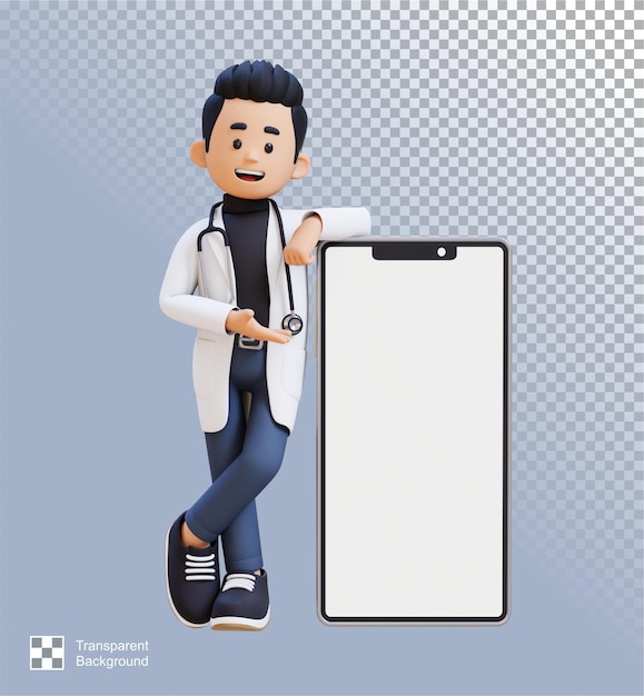 PSD 3d doctor character presenting and lying on big empty phone screen suitable for medical content