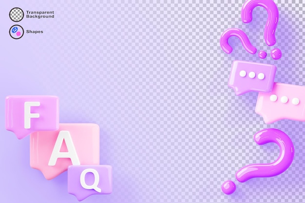 PSD 3d faq speech bubble icons render purple background question answer communication social dialogue banner with color rectangular chat message boxes ask or doubt signs and empty space