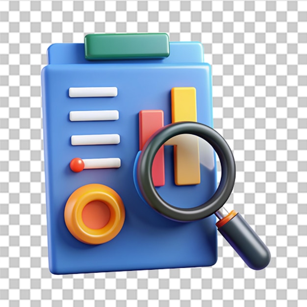 PSD 3d file and magnifying glass concept of analyze project exclamation concept trendy and modern vector in 3d style